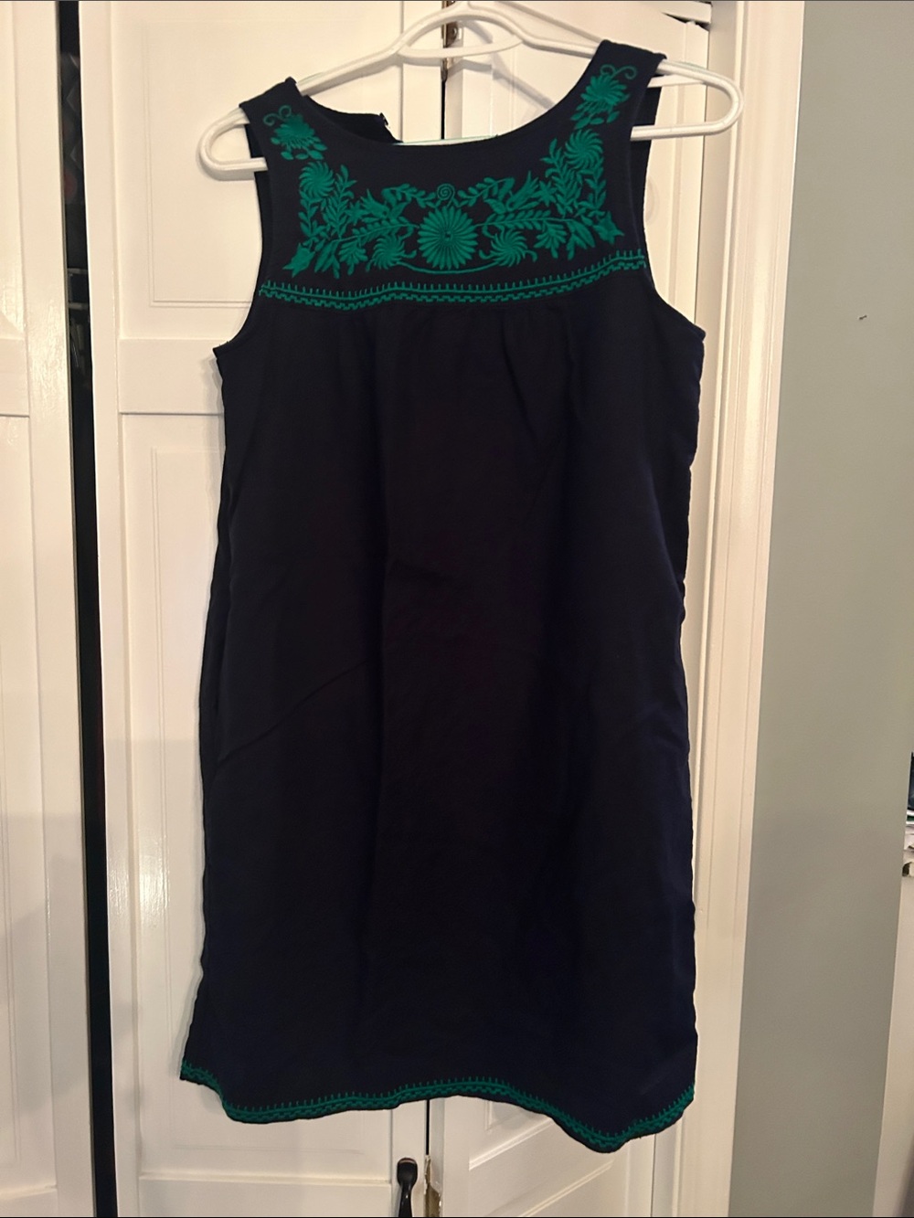 J Crew Sleeveless Navy Dress with Green Embroidered Yoke